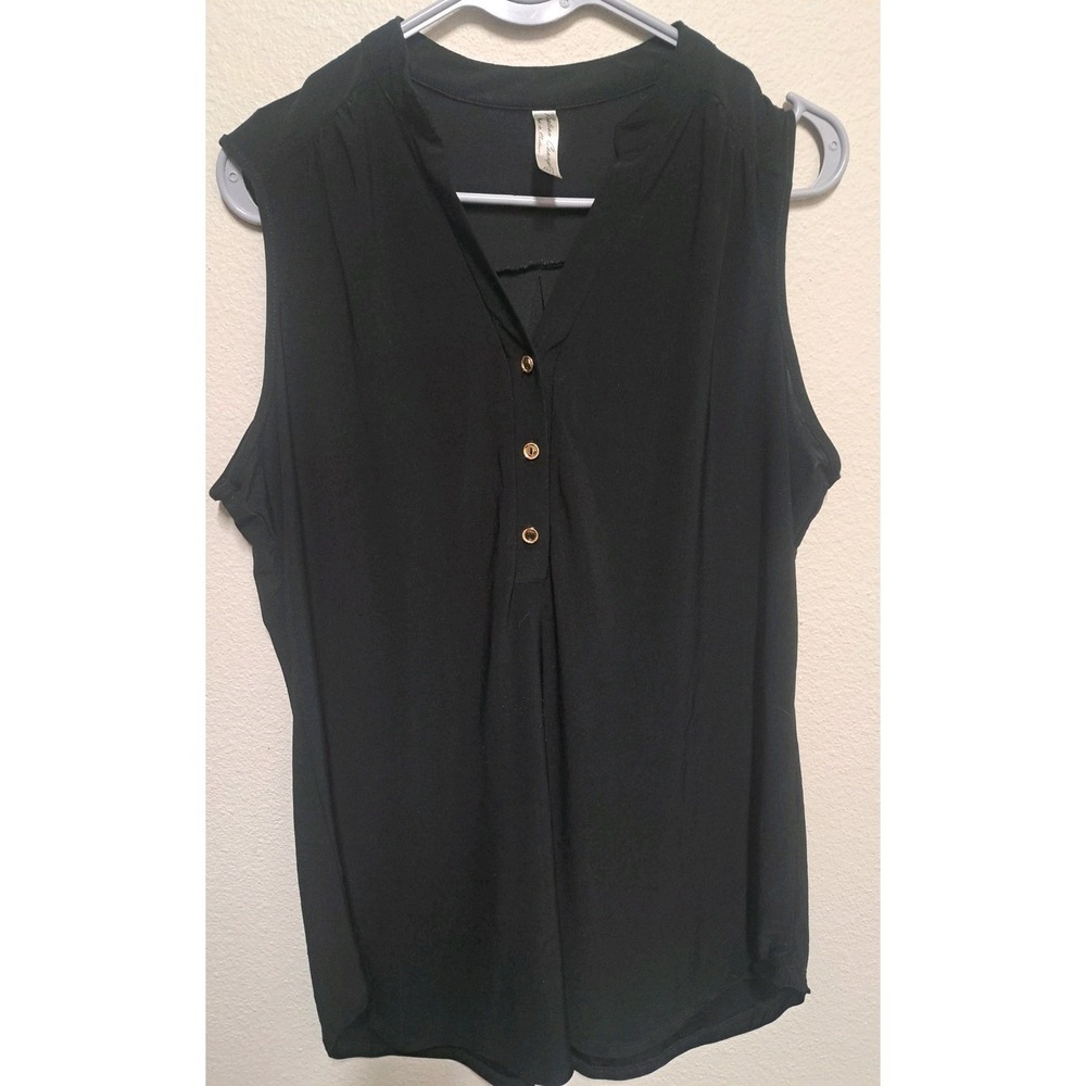 Perception Concepts Black Sleeveless Blouse XL Button Front V Neck Top